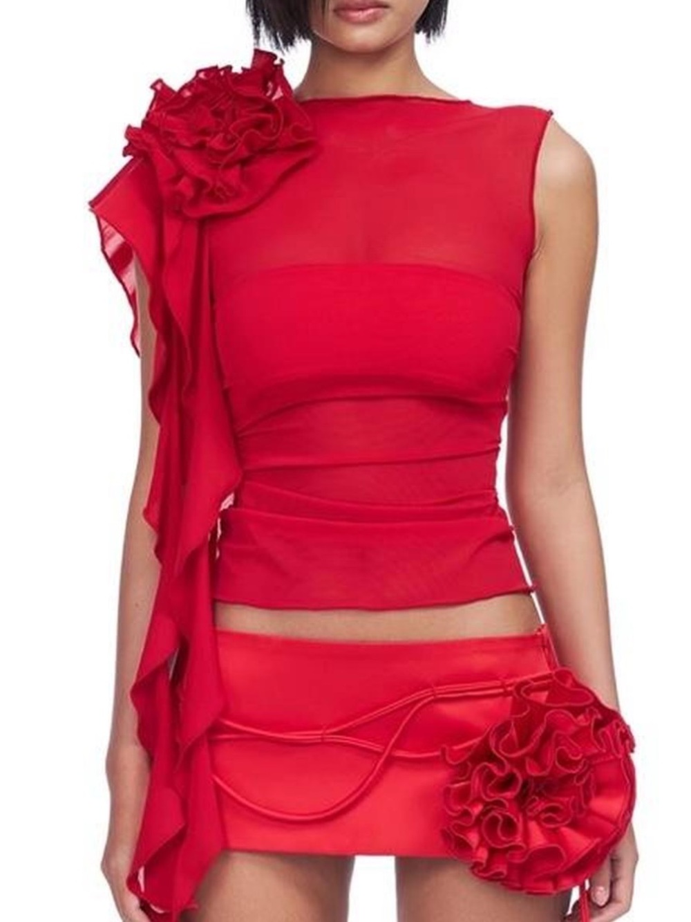 Red Floral Ruffle Sleeveless Top - Women's Elegant Evening Top